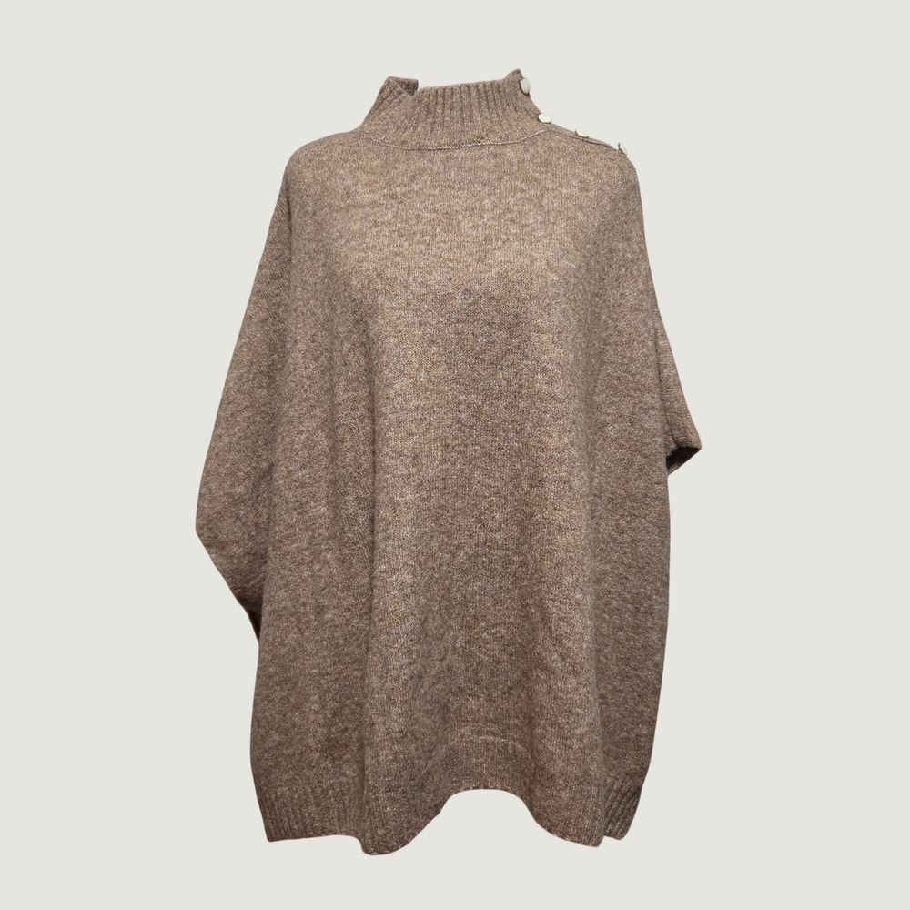 J.Crew Womens Brown Marl Knit Poncho Sweater Mock Neck Button Shoulder One Size
